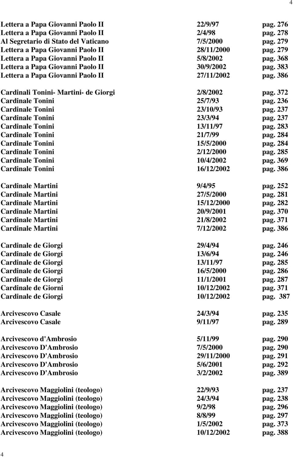 383 Lettera a Papa Giovanni Paolo II 27/11/2002 pag. 386 Cardinali Tonini- Martini- de Giorgi 2/8/2002 pag. 372 Cardinale Tonini 25/7/93 pag. 236 Cardinale Tonini 23/10/93 pag.