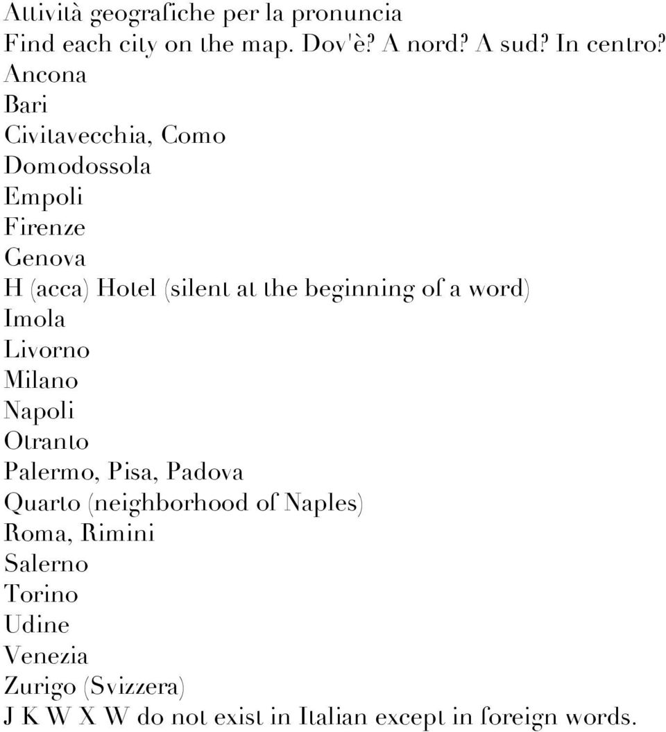 of a word) Imola Livorno Milano Napoli Otranto Palermo, Pisa, Padova Quarto (neighborhood of Naples)