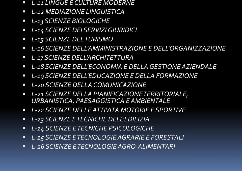 FORMAZIONE L-20 SCIENZE DELLA COMUNICAZIONE L-21 SCIENZE DELLA PIANIFICAZIONE TERRITORIALE, URBANISTICA, PAESAGGISTICA E AMBIENTALE L-22 SCIENZE DELLE ATTIVITA