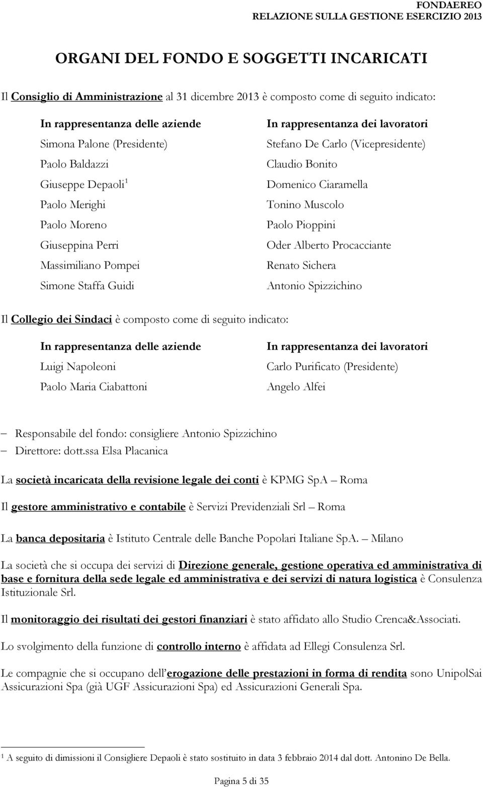 Domenico Ciaramella Tonino Muscolo Paolo Pioppini Oder Alberto Procacciante Renato Sichera Antonio Spizzichino Il Collegio dei Sindaci è composto come di seguito indicato: In rappresentanza delle