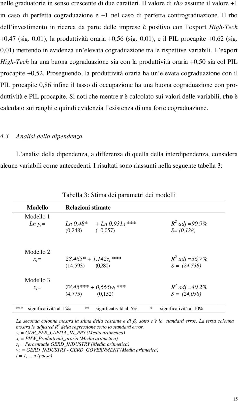 0,01) mettendo in evidenza un elevata cograduazione tra le rispettive variabili. L export High-Tech ha una buona cograduazione sia con la produttività oraria +0,50 sia col PIL procapite +0,52.