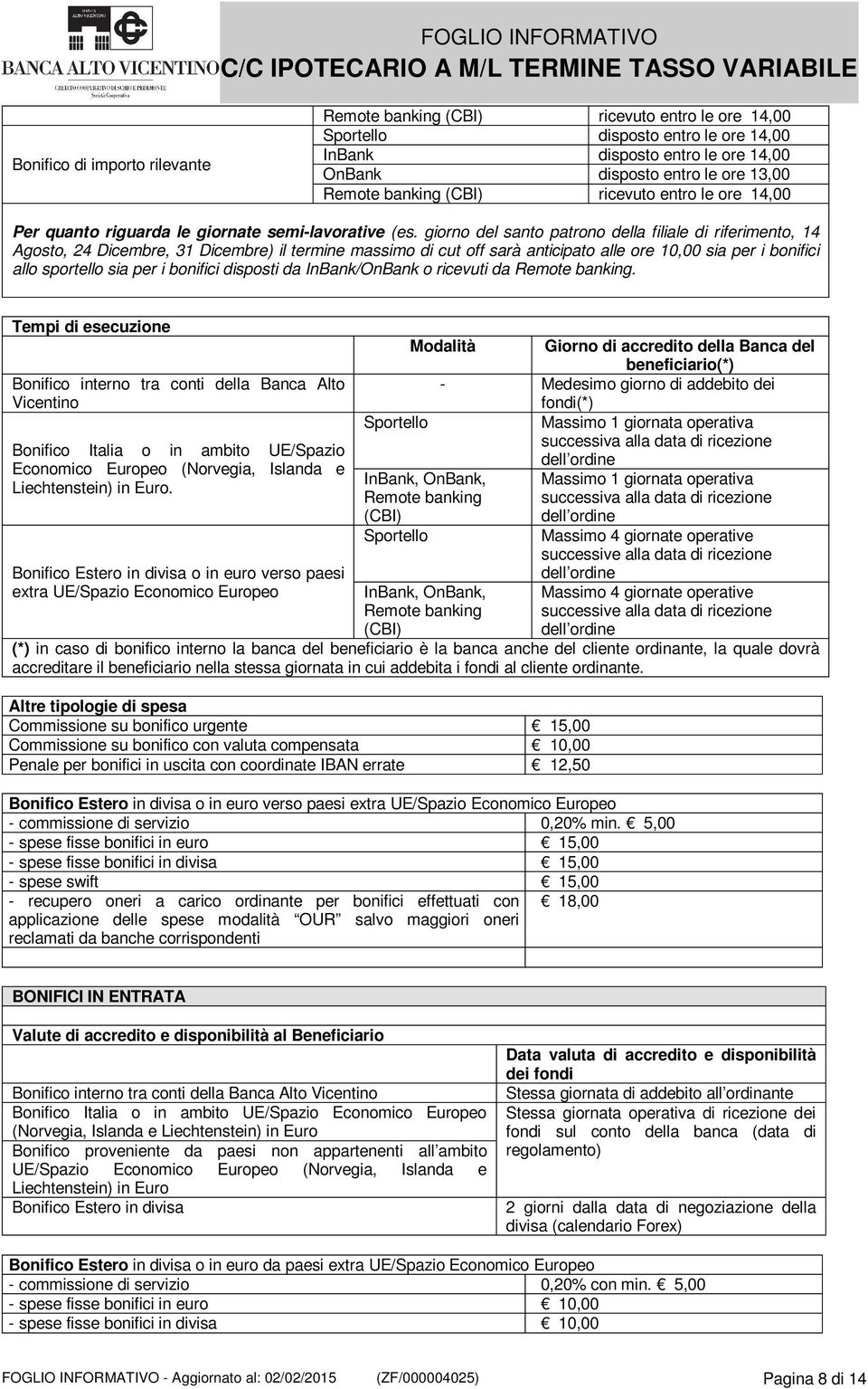 giorno del santo patrono della filiale di riferimento, 14 Agosto, 24 Dicembre, 31 Dicembre) il termine massimo di cut off sarà anticipato alle ore 10,00 sia per i bonifici allo sportello sia per i