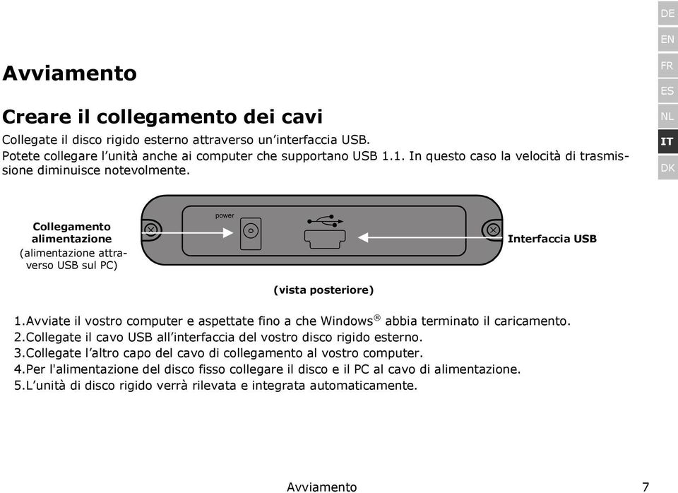 Avviate il vostro computer e aspettate fino a che Windows abbia terminato il caricamento. 2. Collegate il cavo USB all interfaccia del vostro disco rigido esterno. 3.