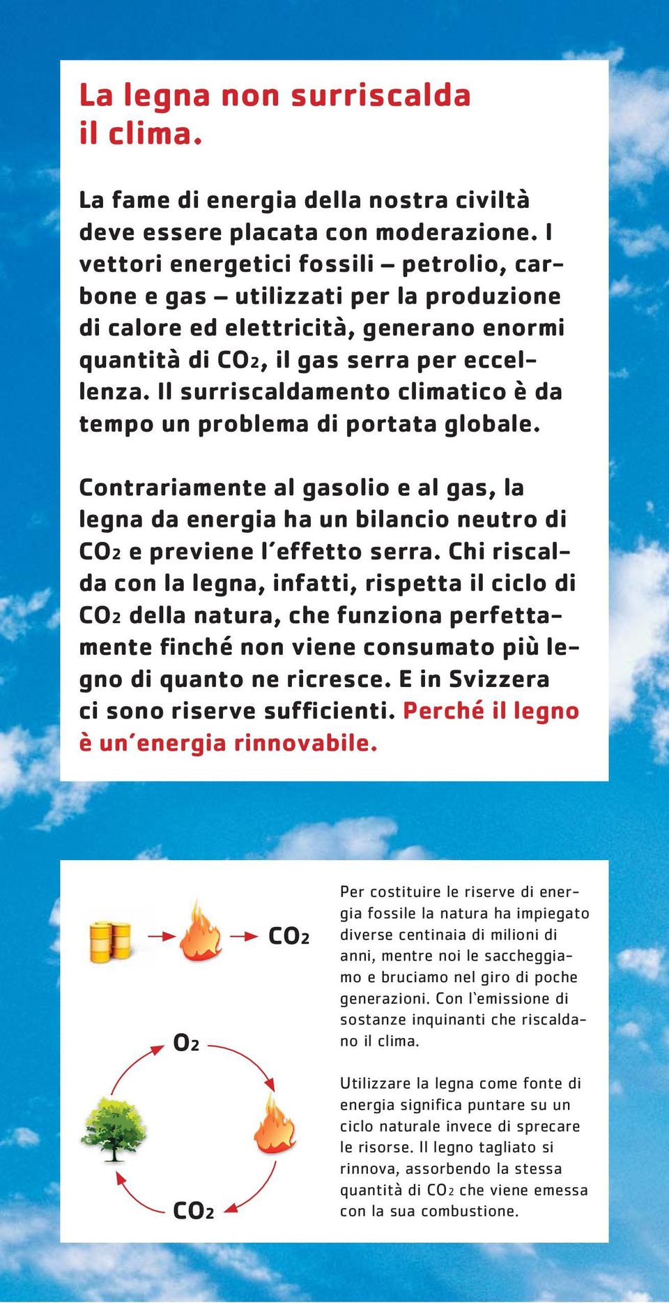 Il surriscaldamento climatico è da tempo un problema di portata globale. Contrariamente al gasolio e al gas, la legna da energia ha un bilancio neutro di CO2 e previene l effetto serra.