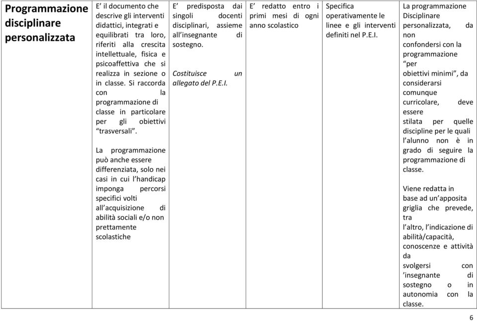 La programmazione può anche essere differenziata, solo nei casi in cui l handicap imponga percorsi specifici volti all acquisizione di abilità sociali e/o non prettamente scolastiche E predisposta