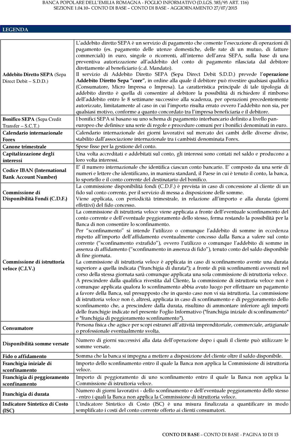 I.V.) Consumatore Disponibilità somme versate Fido o affidamento Franchigia iniziale di sconfinamento Franchigia di peggioramento sconfinamento Franchigia di durata Indicatore Sintetico di Costo