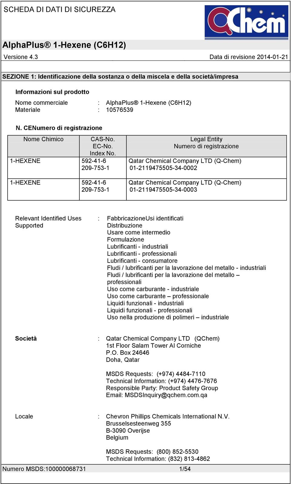 1-HEXENE 592-41-6 209-753-1 1-HEXENE 592-41-6 209-753-1 Legal Entity Numero di registrazione Qatar Chemical Company LTD (Q-Chem) 01-2119475505-34-0002 Qatar Chemical Company LTD (Q-Chem)