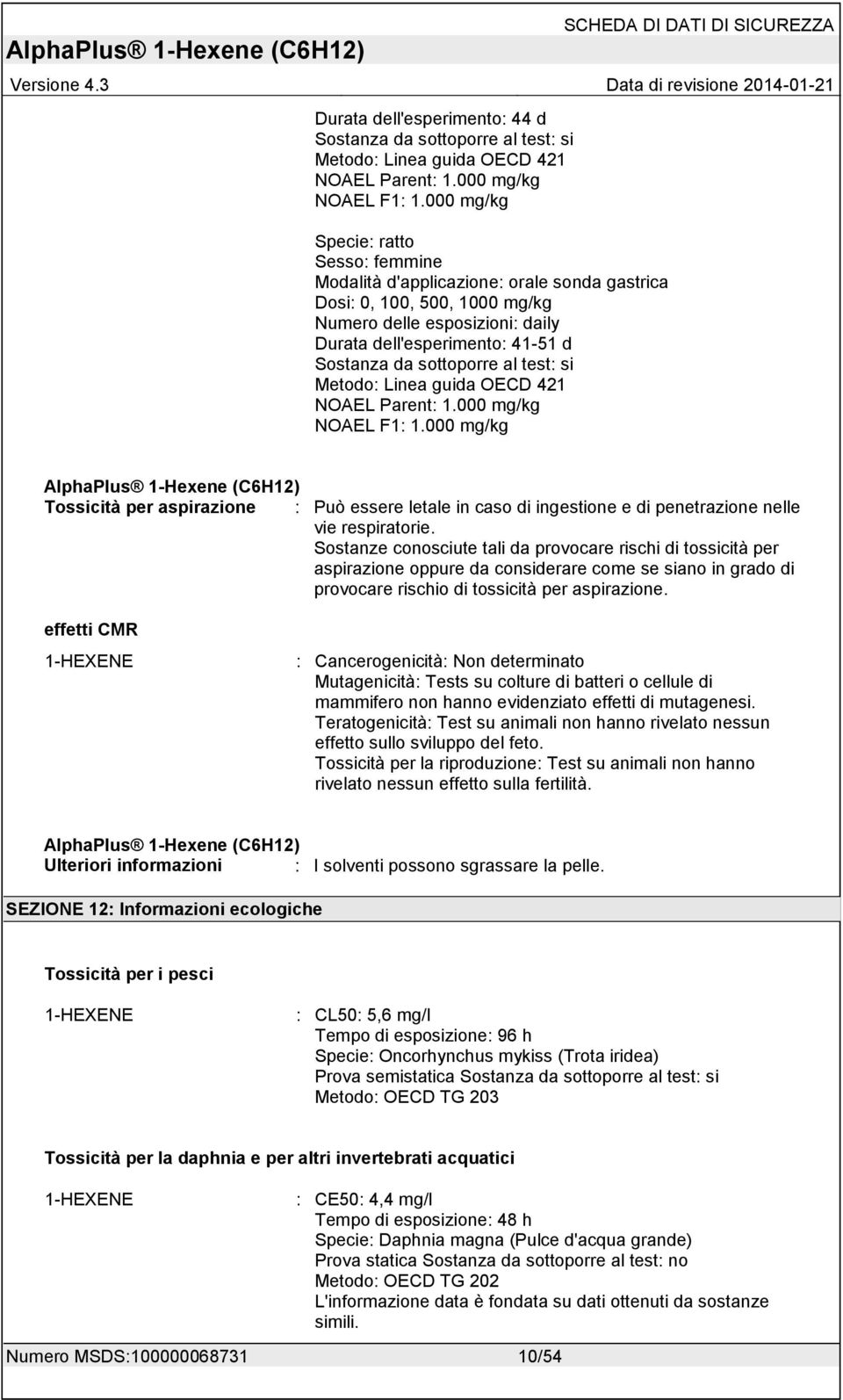 sottoporre al test: si Metodo: Linea guida OECD 421 NOAEL Parent: 1.000 mg/kg NOAEL F1: 1.