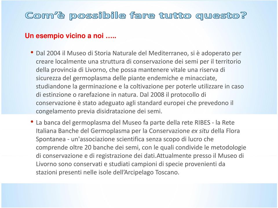 vitale una riserva di sicurezzadel germoplasma delle piante endemiche e minacciate, studiandone la germinazione e la coltivazione per poterle utilizzare in caso di estinzione o rarefazione in natura.