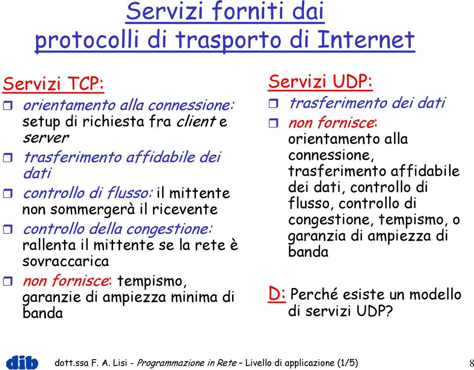 ampiezza minima di banda Servizi UDP: trasferimento dei dati non fornisce: orientamento alla connessione, trasferimento affidabile dei dati, controllo di flusso, controllo