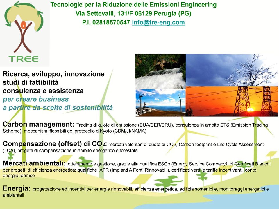 (EUA/CER/ERU), consulenza in ambito ETS (Emission Trading Scheme), meccanismi flessibili del protocollo d Kyoto (CDM/JI/NAMA) Compensazione (offset) di CO2: mercati volontari di quote di CO2, Carbon