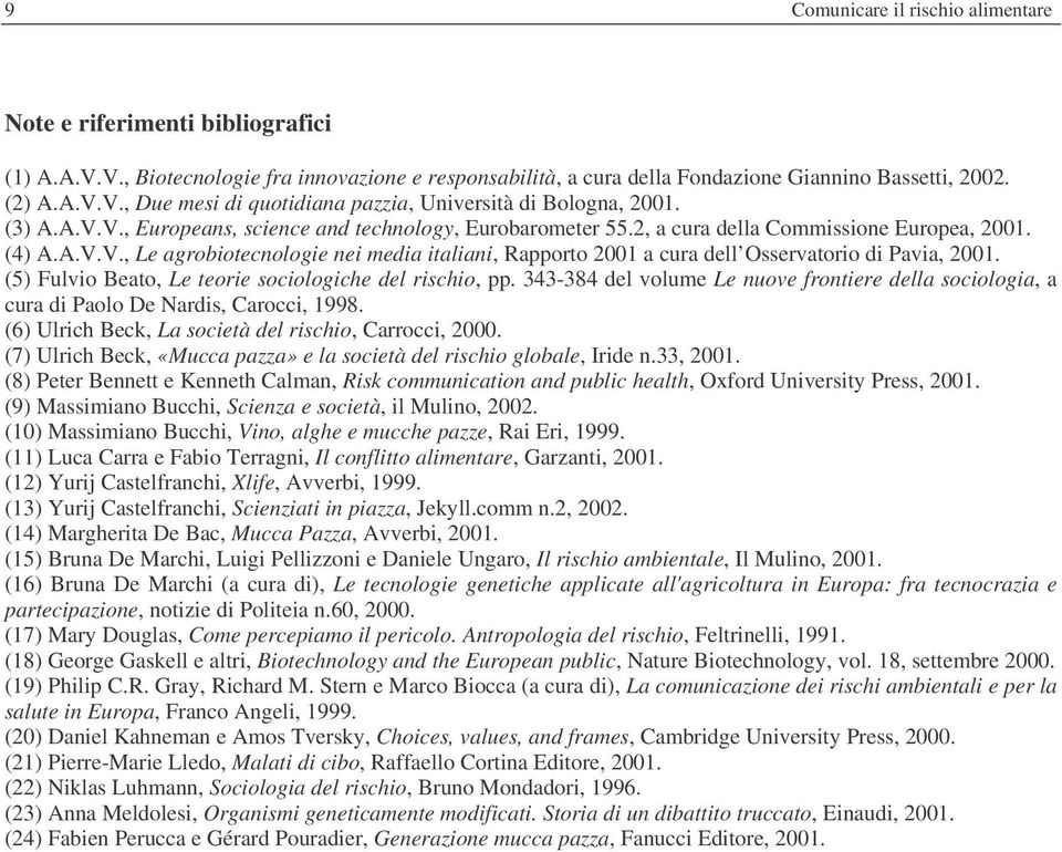 (5) Fulvio Beato, Le teorie sociologiche del rischio, pp. 343-384 del volume Le nuove frontiere della sociologia, a cura di Paolo De Nardis, Carocci, 1998.