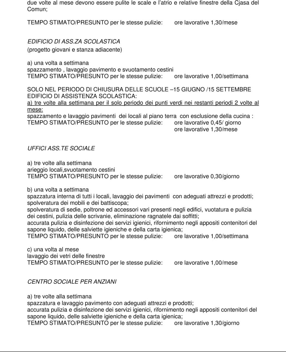 /5 SETTEMBRE EDIFICIO DI ASSISTENZA SCOLASTICA: a) tre volte alla settimana per il solo periodo dei punti verdi nei restanti periodi 2 volte al mese: spazzamento e lavaggio pavimenti dei locali al