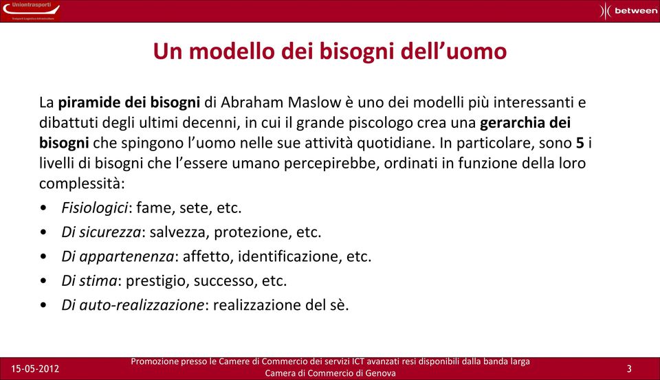 In particolare, sono 5 i livelli di bisogni che l essere umano percepirebbe, ordinati in funzione della loro complessità: Fisiologici: fame,