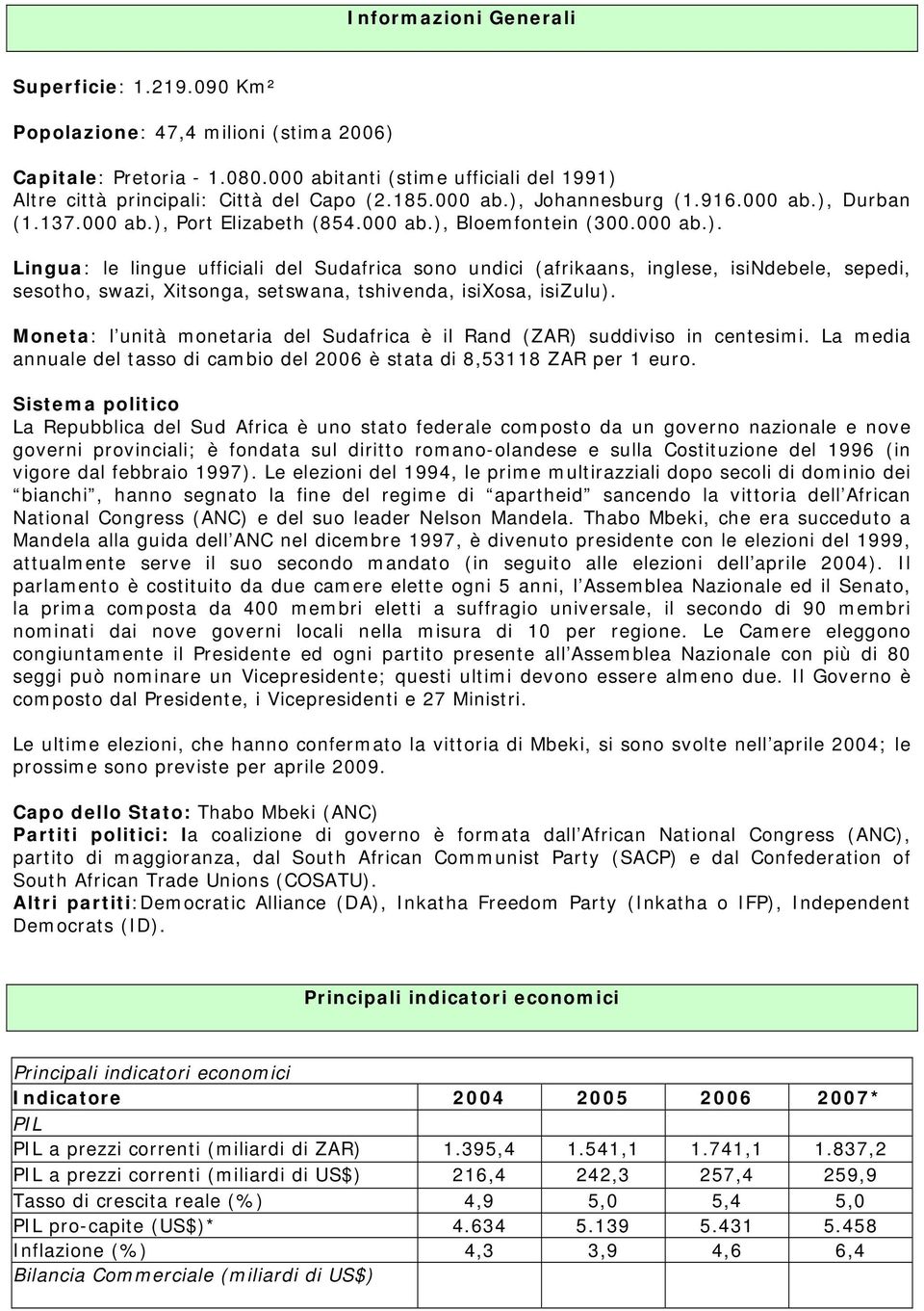 Moneta: l unità monetaria del Sudafrica è il Rand (ZAR) suddiviso in centesimi. La media annuale del tasso di cambio del 2006 è stata di 8,53118 ZAR per 1 euro.