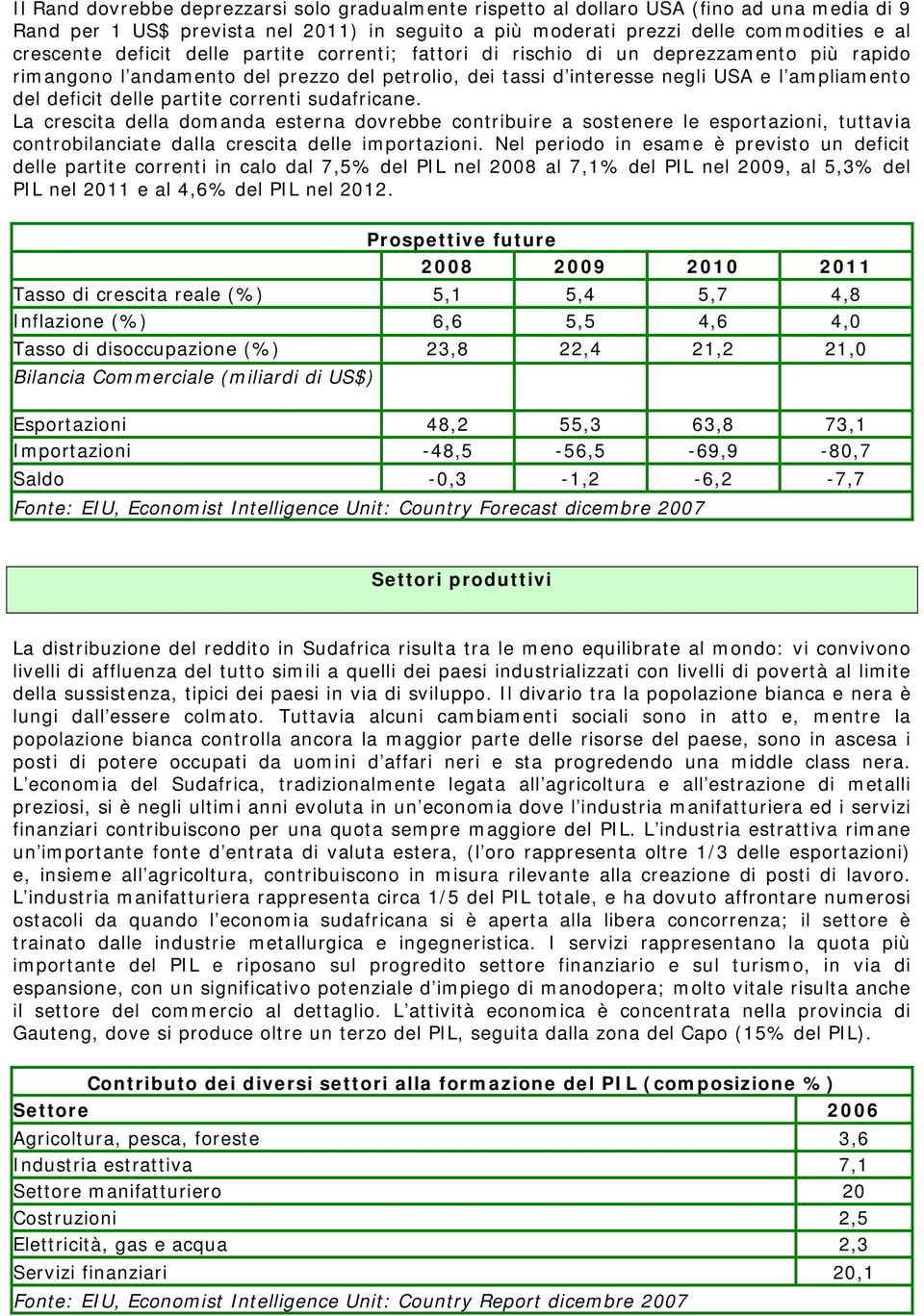 partite correnti sudafricane. La crescita della domanda esterna dovrebbe contribuire a sostenere le esportazioni, tuttavia controbilanciate dalla crescita delle importazioni.