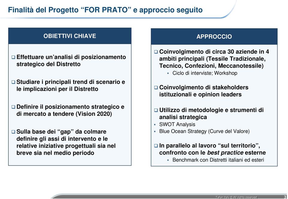 sia nel medio periodo APPROCCIO Coinvolgimento di circa 30 aziende in 4 ambiti principali (Tessile Tradizionale, Tecnico, Confezioni, Meccanotessile) Ciclo di interviste; Workshop Coinvolgimento di