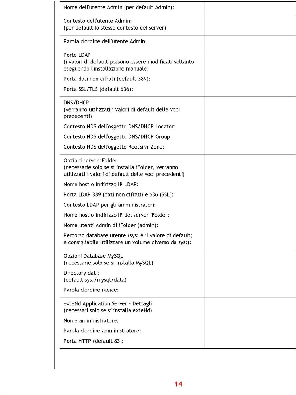 Contesto NDS dell'oggetto DNS/DHCP Locator: Contesto NDS dell'oggetto DNS/DHCP Group: Contesto NDS dell'oggetto RootSrvr Zone: Opzioni server ifolder (necessarie solo se si installa ifolder, verranno