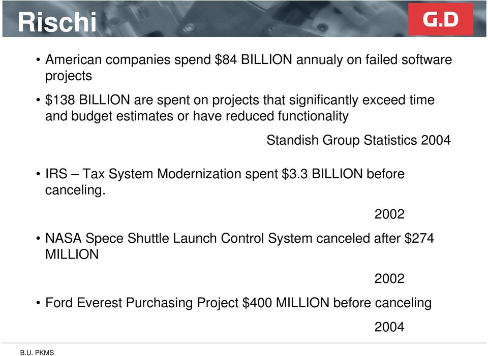 Statistics 2004 IRS Tax System Modernization spent $3.3 BILLION before canceling.