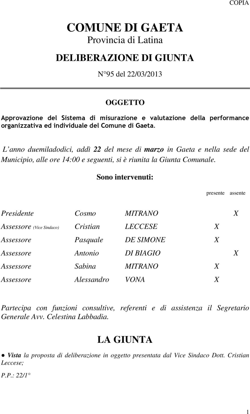 Sono intervenuti: presente assente Presidente Cosmo MITRANO Assessore (Vice Sindaco) Cristian LECCESE Assessore Pasquale DE SIMONE Assessore Antonio DI BIAGIO Assessore Sabina MITRANO Assessore