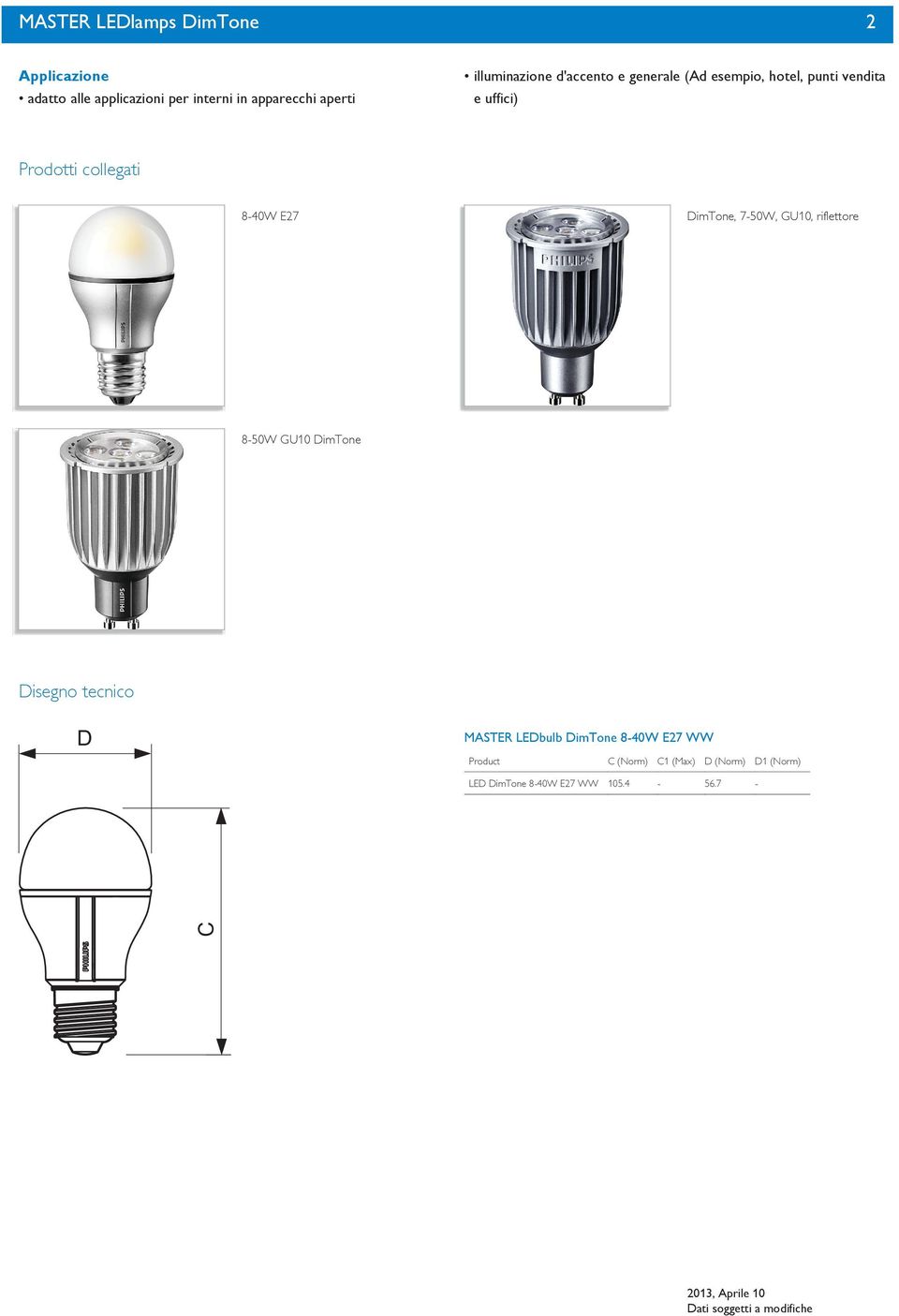 8-40W E27 DimTone, 7-W, GU0, riflettore 8-W GU0 DimTone Disegno tecnico D MASTER LEDbulb DimTone