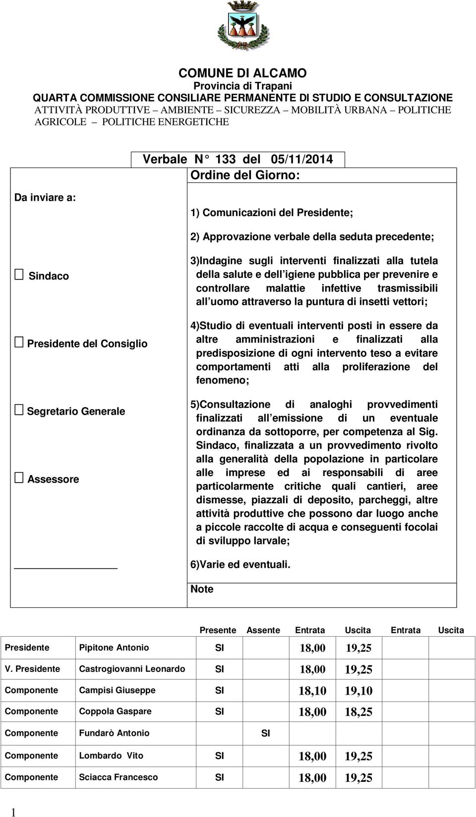 Generale Assessore 3)Indagine sugli interventi finalizzati alla tutela della salute e dell igiene pubblica per prevenire e controllare malattie infettive trasmissibili all uomo attraverso la puntura