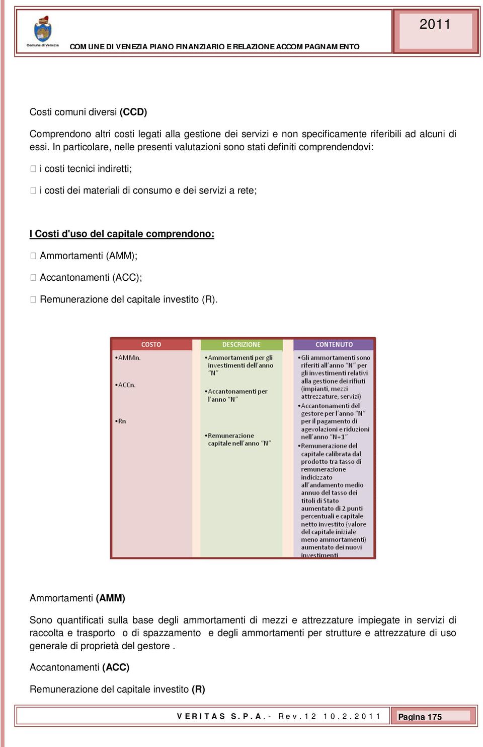 comprendono: Ammortamenti (AMM); Accantonamenti (ACC); Remunerazione del capitale investito (R).