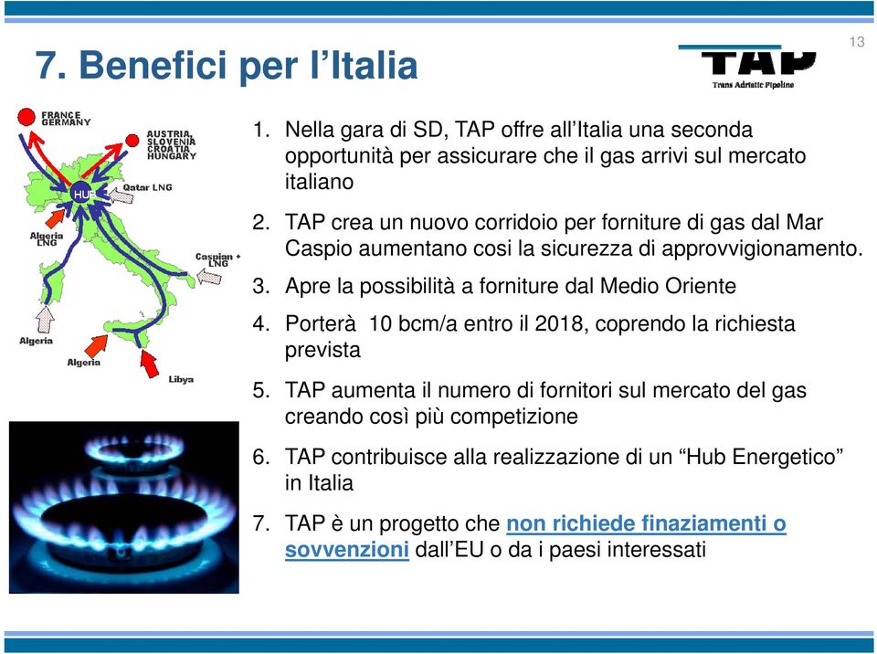 Apre la possibilità a forniture dal Medio Oriente 4. Porterà 10 bcm/a entro il 2018, coprendo la richiesta prevista 5.