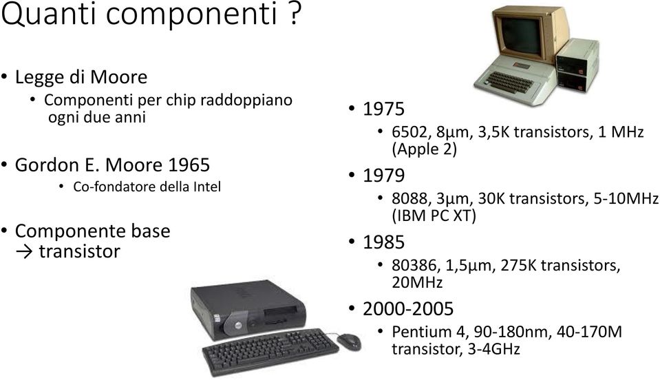 transistors, 1 MHz (Apple 2) 1979 8088, 3µm, 30K transistors, 5-10MHz (IBM PC XT) 1985