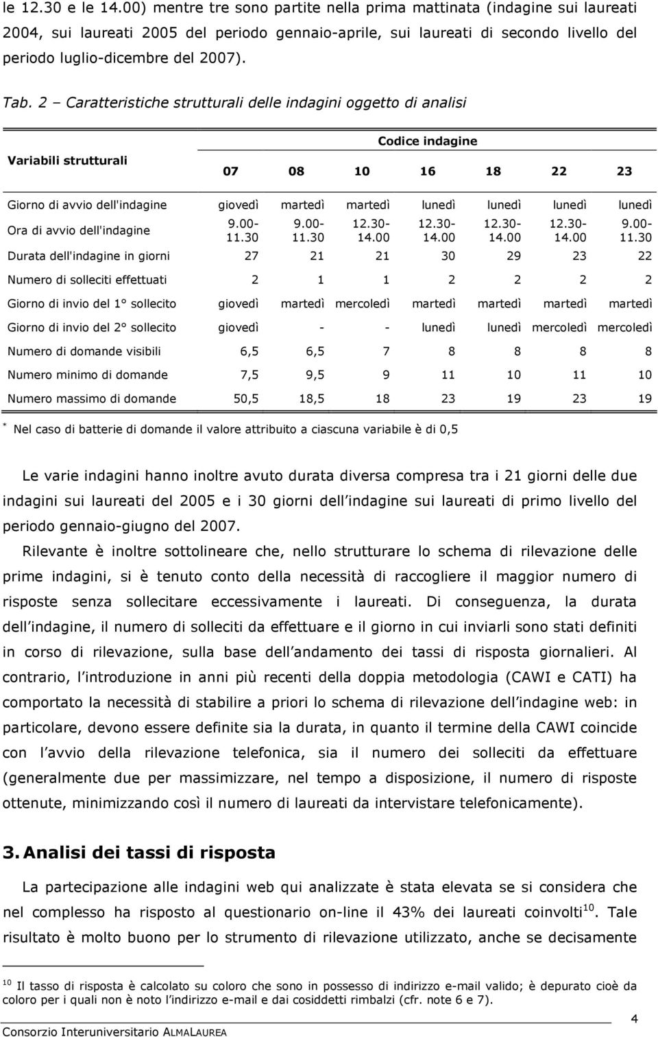 2 Caratteristiche strutturali delle indagini oggetto di analisi Variabili strutturali Codice indagine 07 08 10 16 18 22 23 Giorno di avvio dell'indagine giovedì martedì martedì lunedì lunedì lunedì