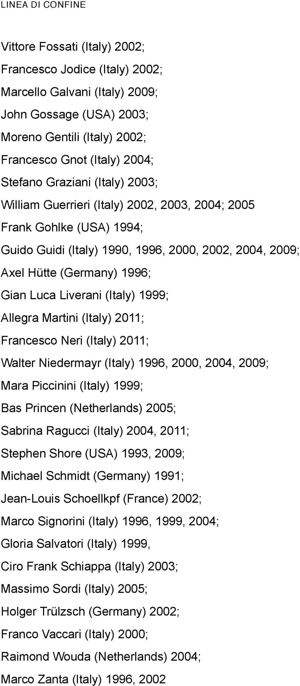 Allegra Martini (Italy) 2011; Francesco Neri (Italy) 2011; Walter Niedermayr (Italy) 1996, 2000, 2004, 2009; Mara Piccinini (Italy) 1999; Bas Princen (Netherlands) 2005; Sabrina Ragucci (Italy) 2004,