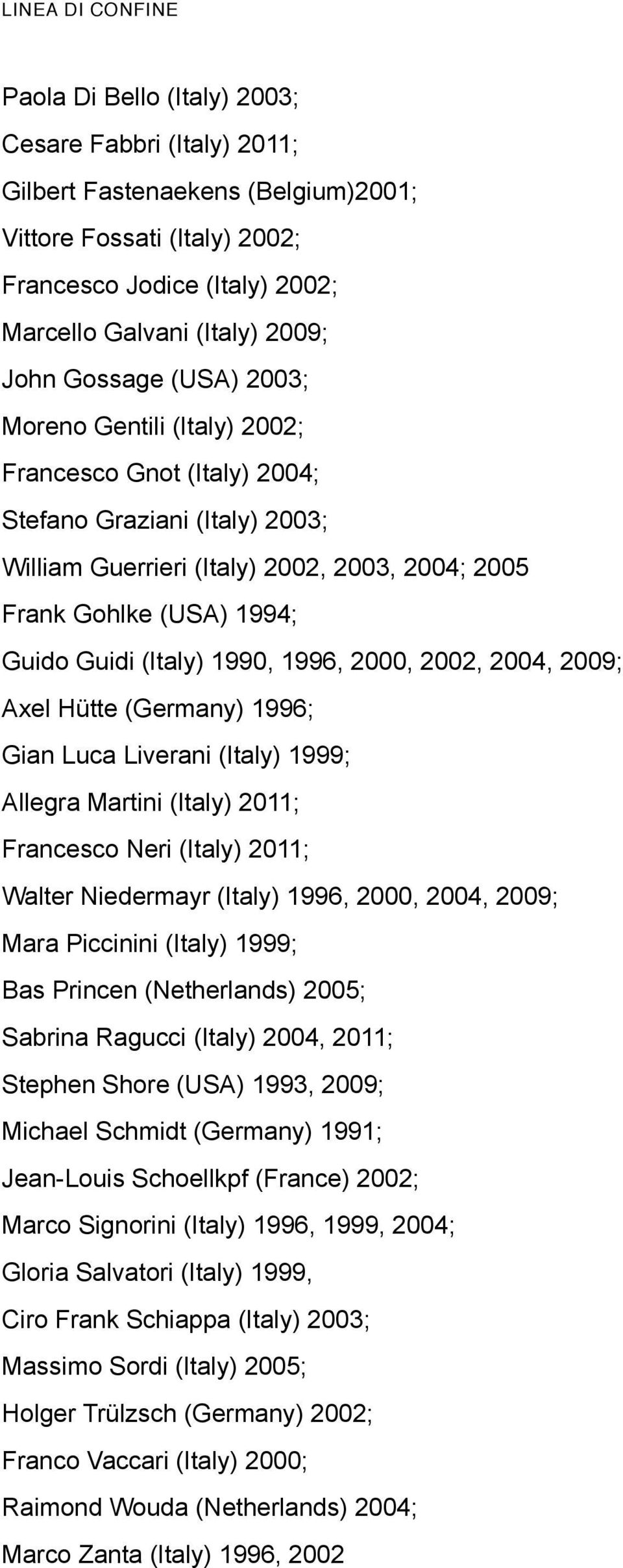 1990, 1996, 2000, 2002, 2004, 2009; Axel Hütte (Germany) 1996; Gian Luca Liverani (Italy) 1999; Allegra Martini (Italy) 2011; Francesco Neri (Italy) 2011; Walter Niedermayr (Italy) 1996, 2000, 2004,