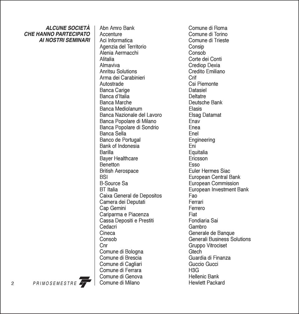 Bank of Indonesia Barilla Bayer Healthcare Benetton British Aerospace BSI B-Source Sa BT Italia Caixa General de Depositos Camera dei Deputati Cap Gemini Cariparma e Piacenza Cassa Depositi e