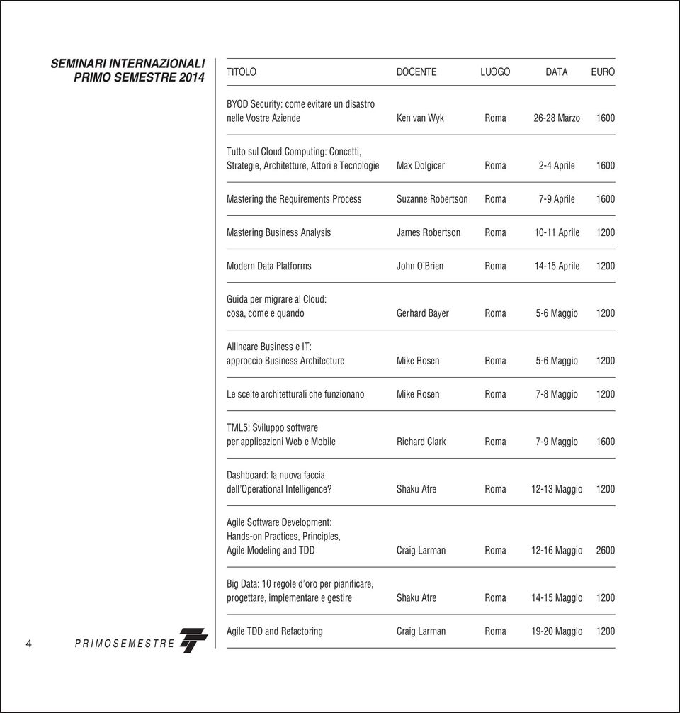 Robertson Roma 10-11 Aprile 1200 Modern Data Platforms John O Brien Roma 14-15 Aprile 1200 Guida per migrare al Cloud: cosa, come e quando Gerhard Bayer Roma 5-6 Maggio 1200 Allineare Business e IT: