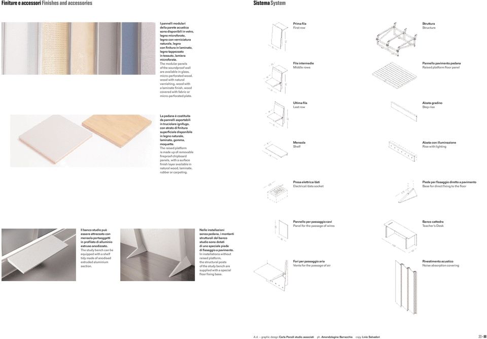 The modular panels of the soundproof wall are available in glass, micro-perforated wood, wood with natural varnishing, wood with a laminate finish, wood covered with fabric or micro-perforated plate.