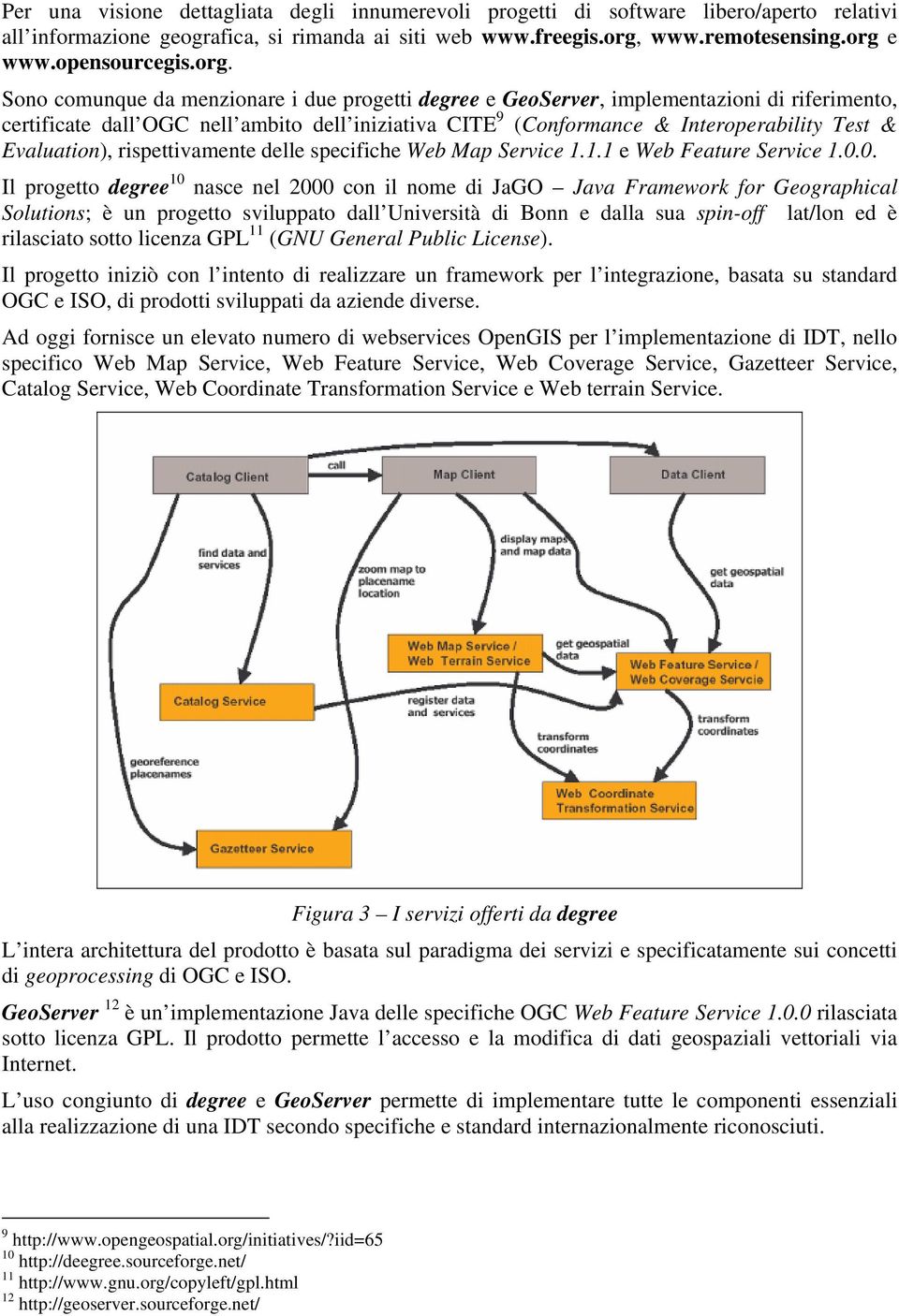 Sono comunque da menzionare i due progetti degree e GeoServer, implementazioni di riferimento, certificate dall OGC nell ambito dell iniziativa CITE 9 (Conformance & Interoperability Test &