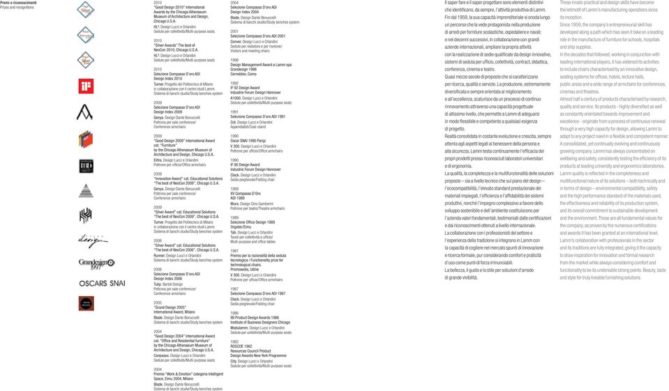 Design Lucci e Orlandini Sedute per collettività/multi-purpose seats 2010 Selezione Compasso D oro ADI Design Index 2010 Turner.