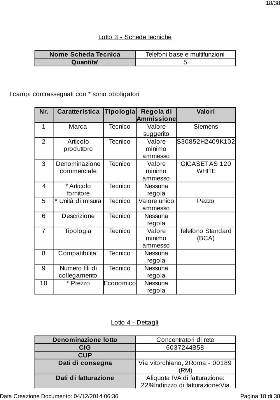 Descrizione Nessuna 7 Tipologia 8 Compatibilita' Nessuna 9 Numero fili di collegamento Nessuna 10 * Prezzo Economico Nessuna GIGASET AS 120 WHITE Telefono Standard (BCA) Lotto 4