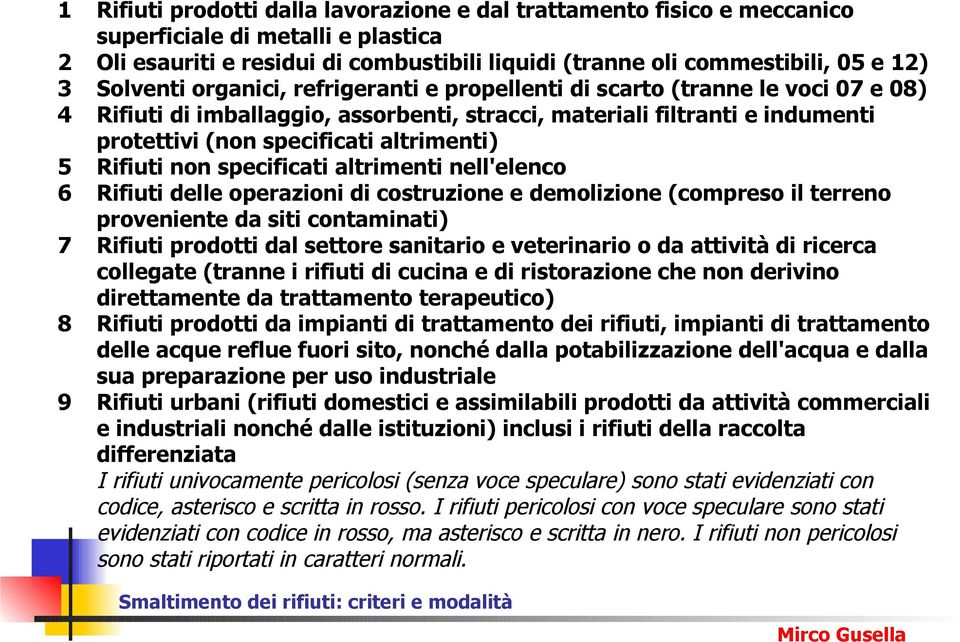 5 Rifiuti non specificati altrimenti nell'elenco 6 Rifiuti delle operazioni di costruzione e demolizione (compreso il terreno proveniente da siti contaminati) 7 Rifiuti prodotti dal settore sanitario