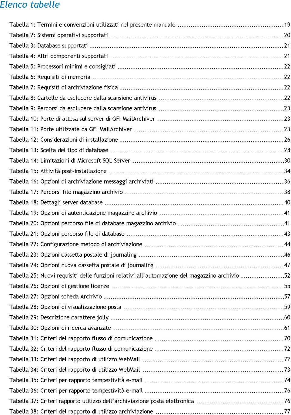 Tabella 9: Percorsi da escludere dalla scansione antivirus 23 Tabella 10: Porte di attesa sul server di GFI MailArchiver 23 Tabella 11: Porte utilizzate da GFI MailArchiver 23 Tabella 12: