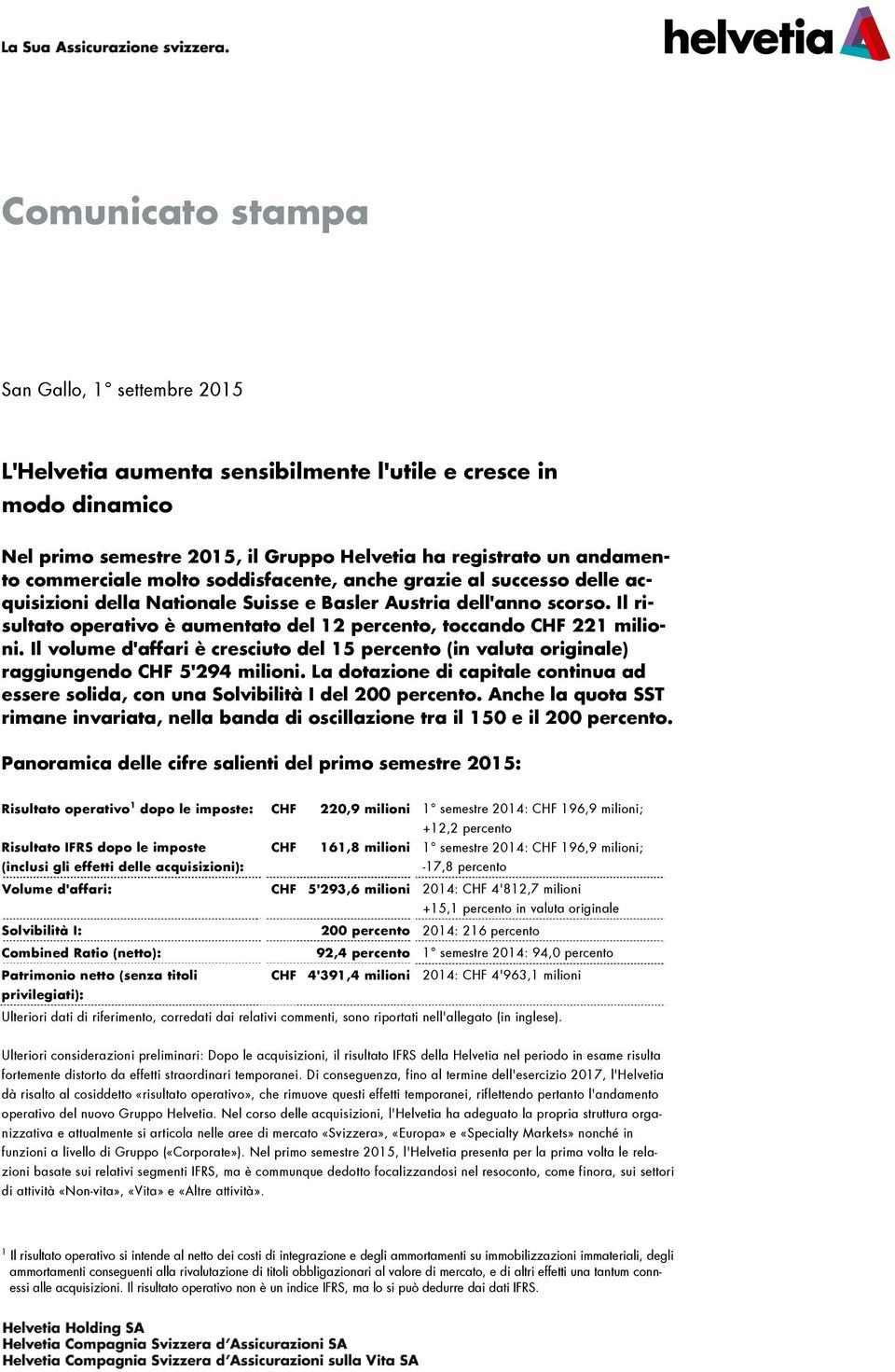 Il volume d'affari è cresciuto del 15 percento (in valuta originale) raggiungendo CHF 5'294 milioni. La dotazione di capitale continua ad essere solida, con una Solvibilità I del 200 percento.