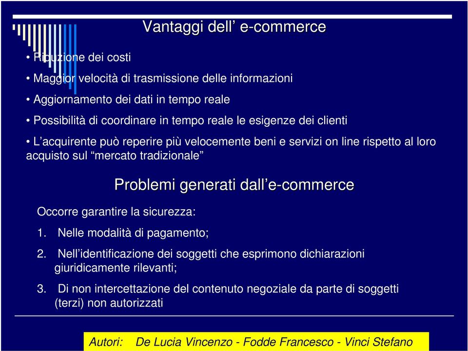 mercato tradizionale Problemi generati dall e-commerce Occorre garantire la sicurezza: 1. Nelle modalità di pagamento; 2.