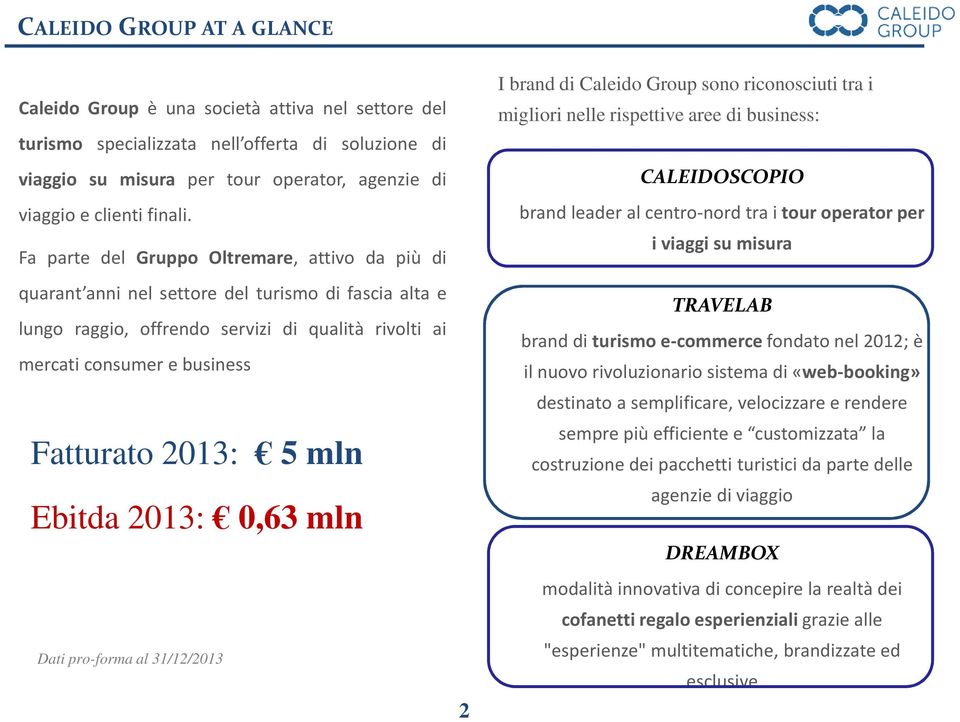 Fa parte del Gruppo Oltremare, attivo da più di quarant anni nel settore del turismo di fascia alta e lungo raggio, offrendo servizi di qualità rivolti ai mercati consumer e business Fatturato 2013: