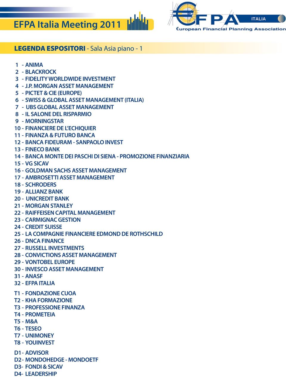 MORGAN ASSET MANAGEMENT 5 - PICTET & CIE (EUROPE) 6 - SWISS & GLOBAL ASSET MANAGEMENT (ITALIA) 7 - UBS GLOBAL ASSET MANAGEMENT 8 - IL SALONE DEL RISPARMIO 9 - MORNINGSTAR 10 - FINANCIERE DE L