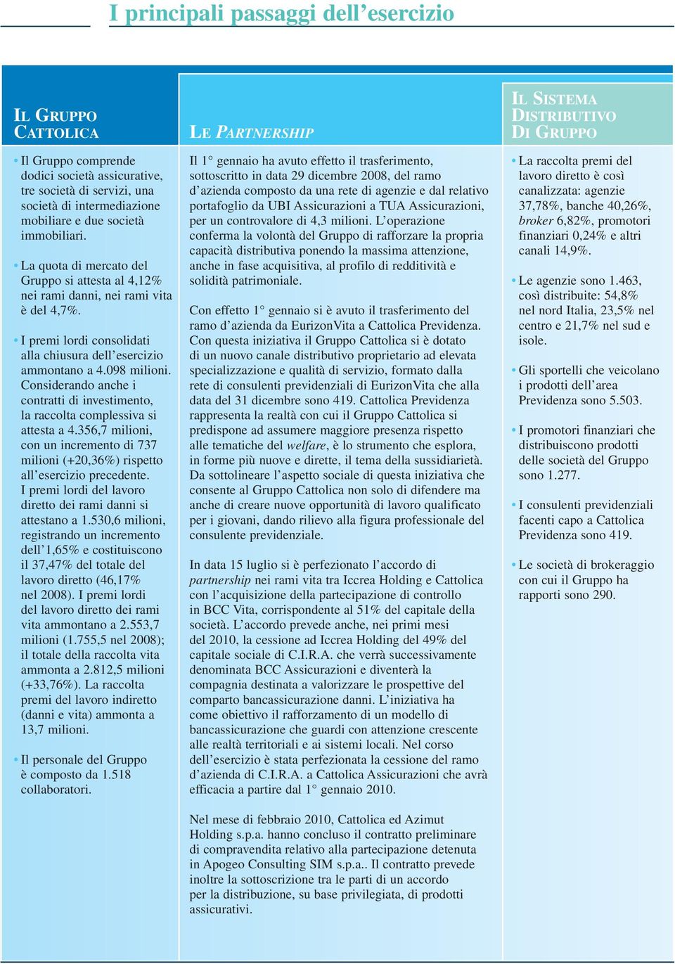 I premi lordi consolidati alla chiusura dell esercizio ammontano a 4.098 milioni. Considerando anche i contratti di investimento, la raccolta complessiva si attesta a 4.