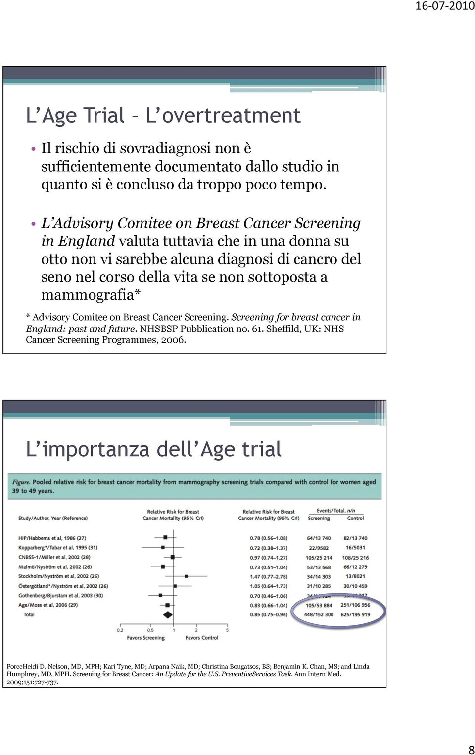 mammografia* * Advisory Comitee on Breast Cancer Screening. Screening for breast cancer in England: past and future. NHSBSP Pubblication no. 61. Sheffild, UK: NHS Cancer Screening Programmes, 2006.