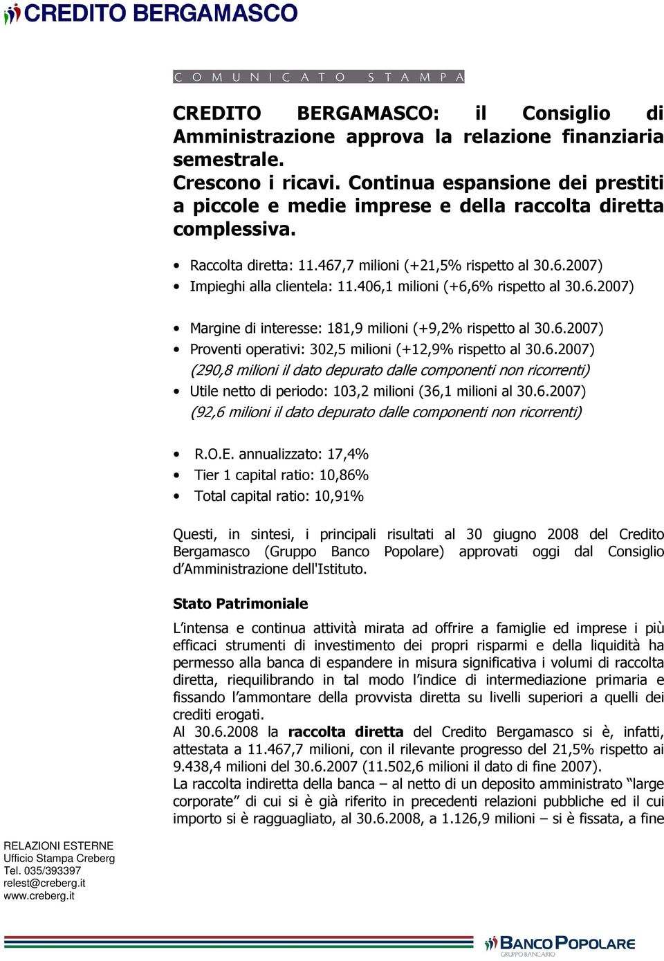 406,1 milioni (+6,6% rispetto al 30.6.2007) Margine di interesse: 181,9 milioni (+9,2% rispetto al 30.6.2007) Proventi operativi: 302,5 milioni (+12,9% rispetto al 30.6.2007) (290,8 milioni il dato depurato dalle componenti non ricorrenti) Utile netto di periodo: 103,2 milioni (36,1 milioni al 30.