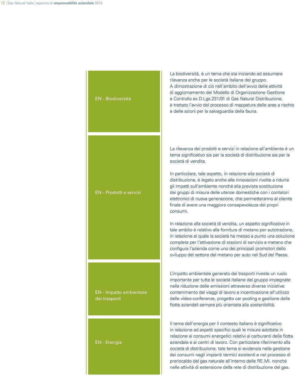 231/01 di Gas Natural Distribuzione, è trattato l avvio del processo di mappatura delle aree a rischio e delle azioni per la salvaguardia della fauna.