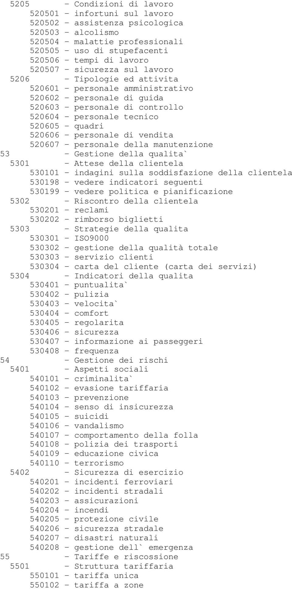 520606 - personale di vendita 520607 - personale della manutenzione 53 - Gestione della qualita` 5301 - Attese della clientela 530101 - indagini sulla soddisfazione della clientela 530198 - vedere