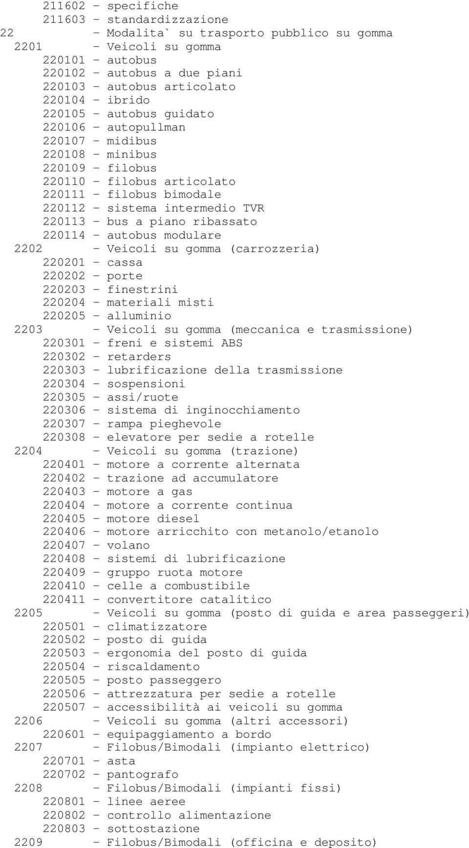 bus a piano ribassato 220114 - autobus modulare 2202 - Veicoli su gomma (carrozzeria) 220201 - cassa 220202 - porte 220203 - finestrini 220204 - materiali misti 220205 - alluminio 2203 - Veicoli su